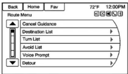 Back Home Fav 72°F 12:00PM Route Menu Cancel Guidance Destination List > Turn List > Avoid List > Voice Prompt > Detour >