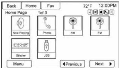 Back Home Fav 72°F 12:00PM Home Page 1of 3 Now Playing Phone AM FM STITCHER® Stitcher USB Menu Previous Next