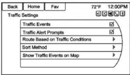 Back Home Fav 72°F 12:00PM Traffic Settings Traffic Events ✓ Traffic Alert Prompts ✓ Route Based on Traffic Conditions > Sort Method > Show Traffic Events on Map >