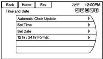 Back Home Fav 72°F 12:00PM Time and Date Automatic Clock Update > Set Time > Set Date > 12 hr / 24 hr Format >