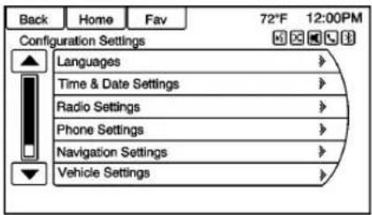 Back Home Fav 72°F 12:00PM Configuration Settings Languages Time & Date Settings Radio Settings Phone Settings Navigation Settings Vehicle Settings