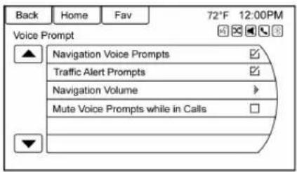 Back Home Fav 72°F 12:00PM Voice Prompt Navigation Voice Prompts Traffic Alert Prompts Navigation Volume Mute Voice Prompts while in Calls