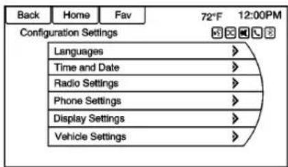 Back Home Fav 72°F 12:00PM Configuration Settings Languages Time and Date Radio Settings Phone Settings Display Settings Vehicle Settings