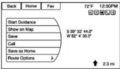 Back Home Fav 72°F 12:00PM Start Guidance Show on Map S 39° 32' 44.0" Save W 82° 4' 30.0" Call Save as Home Route Options > 2.3 mi