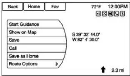 Back Home Fav 72°F 12:00PM Start Guidance Show on Map S 39° 32' 44.0" Save W 82° 4' 30.0" Call Save as Home Route Options > ↑ 2.3 mi