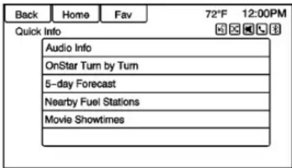 Back Home Fav 72°F 12:00PM Quick Info Audio Info OnStar Turn by Turn 5-day Forecast Nearby Fuel Stations Movie Showtimes