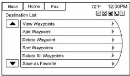 Back Home Fav 72°F 12:00PM Destination List View Waypoints Add Waypoint Delete Waypoint Sort Waypoints Delete All Waypoints Save as Favorite