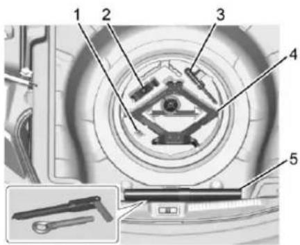 Technical diagram of a mechanical assembly with numbered components, including a close-up inset showing tool positioning.