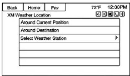 Back Home Fav 72°F 12:00PM XM Weather Location Around Current Position Around Destination Select Weather Station >