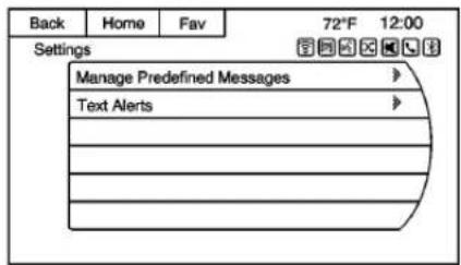 Back Home Fav 72°F 12:00 Settings Manage Predefined Messages Text Alerts