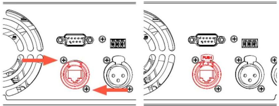 Technical diagram showing two installation steps of a connector with labeled components and red directional arrows indicating movement.