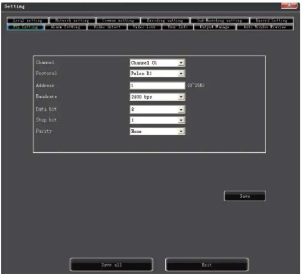 Setting Local setting Network setting Common setting Recording setting Sub-Recording setting Record Setting PRO Settings Blue setting Video data Video info Temp info Output Manager Auto Window Features Channel Channel 01 Protocol Pulco D1 Address 1 (0^256) Envalidate 2400 bps Data bit 8 Stop bit 1 Parity None Save Save all Exit