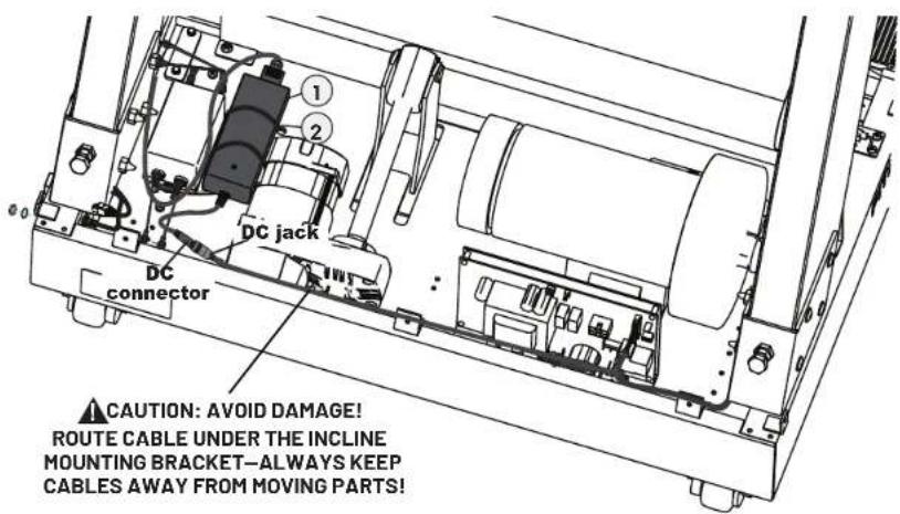 DC jack DC connector CAUTION: AVOID DAMAGE! ROUTE CABLE UNDER THE INCLINE MOUNTING BRACKET—ALWAYS KEEP CABLES AWAY FROM MOVING PARTS!