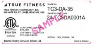 TRUE FITNESS TRUE FITNESS TECHNOLOGY, INC. 865 HOFF RD, ST, LOUIS, MD 6206, USA TC3-DA-35 Serial No: 10000000000 24-TC3DA0001A CONFORMO TRANSFER STD:1547 CHRYFINDIANCE CO. STD.: C22.2 MCB RADING: 120V, NORAMU, TBA MOAO IN TANAN Intertek Testing Services Taiwan Ltd.