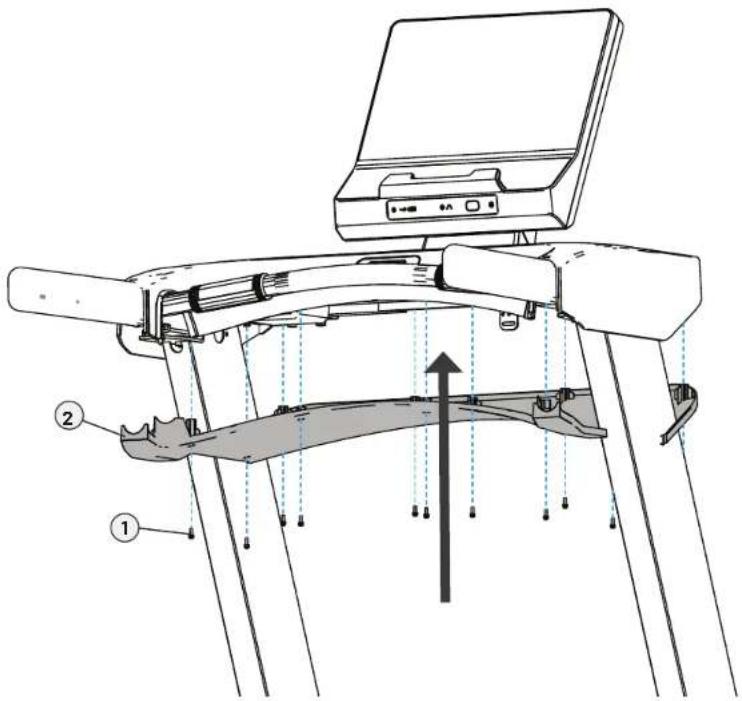 Technical diagram of a treadmill with labeled parts and directional arrows indicating movement or force