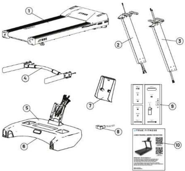 Technical diagram of a device with numbered components and a labeled photo of a 'TRUE FITNESS' display panel.