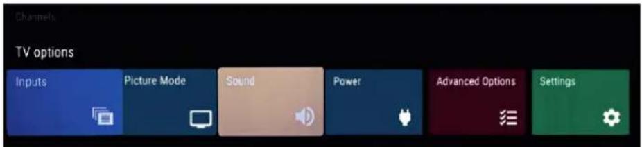 Channels TV options Inputs Picture Mode Sound Power Advanced Options Settings