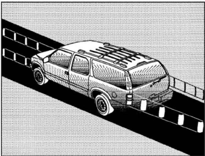 Side view illustration of a car driving on a road with lane markings (no text or symbols)