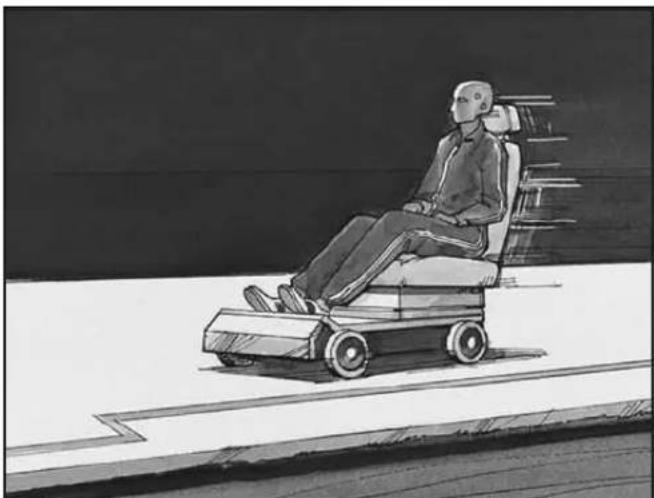 Illustration of a person seated in a mobility vehicle on a paved surface (no text or symbols).