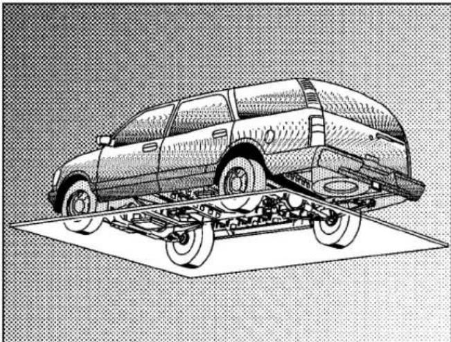 Line drawing of a car on an elevated platform with visible suspension components (no text or symbols)