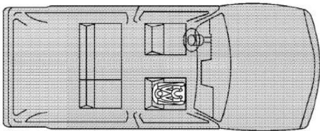 Top-down schematic of a vehicle's rearview and side view showing internal compartments and structural elements (no text or labels).