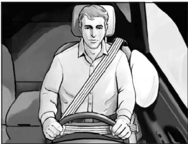 Black-and-white illustration of a man wearing a seatbelt and driving a car.
