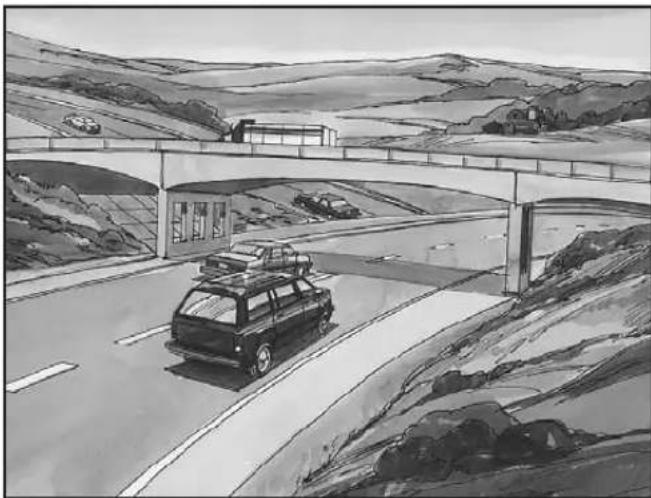Black-and-white sketch of a car driving on a highway with an overpass and distant hills (no text or symbols)