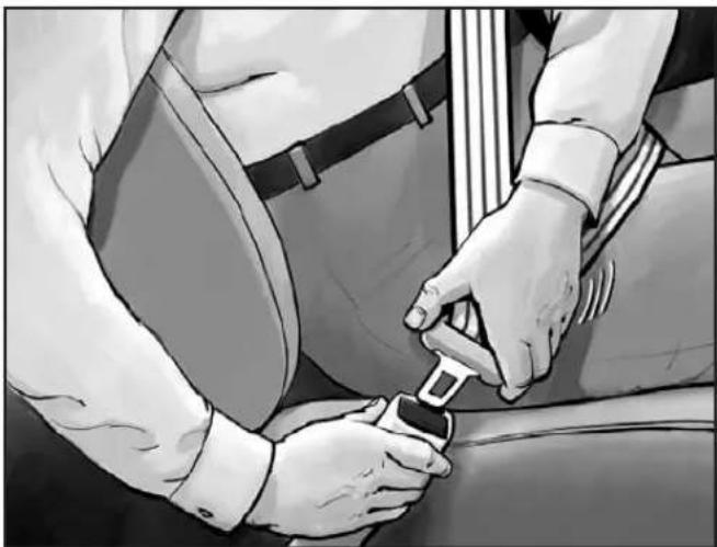 Illustration of a person adjusting a seatbelt, no text or symbols present
