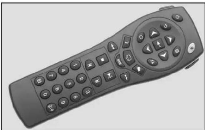 Black remote control device with various function keys and buttons (no visible text or symbols)
