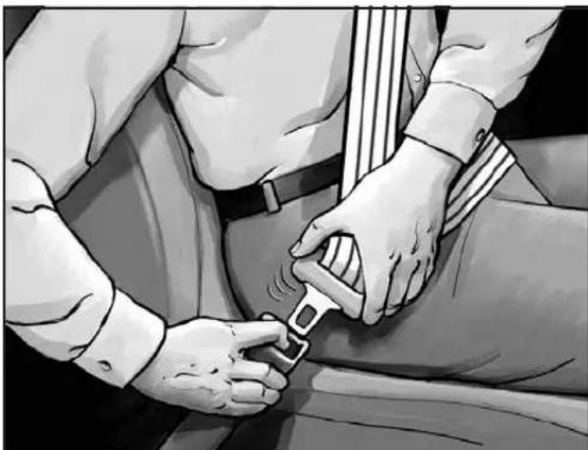 Black-and-white illustration of a person's seatbelt being adjusted to a car seatbelt (no text or symbols visible)