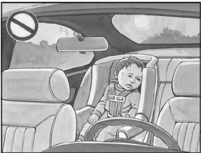 Black-and-white illustration of a child sitting in a car seat, with a no-smoking symbol visible above the window.