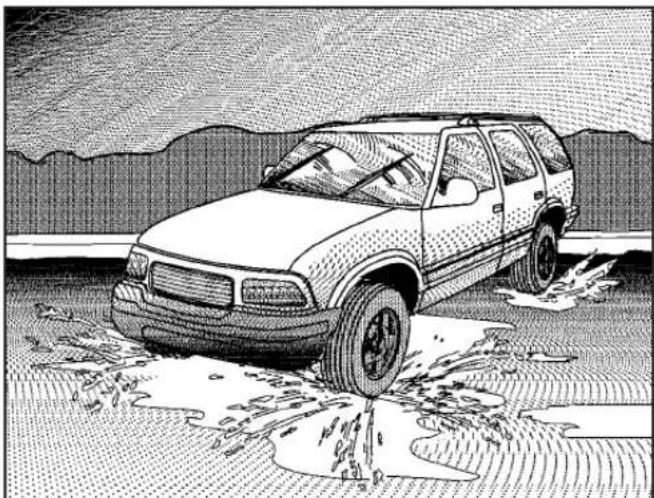 Black-and-white illustration of a car driving on a road with visible tire tracks and snow patches (no text or symbols)