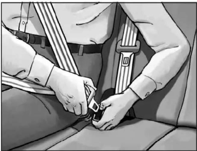 Illustration of a person adjusting a seatbelt, showing hands and seatbelt buckle (no text or symbols)