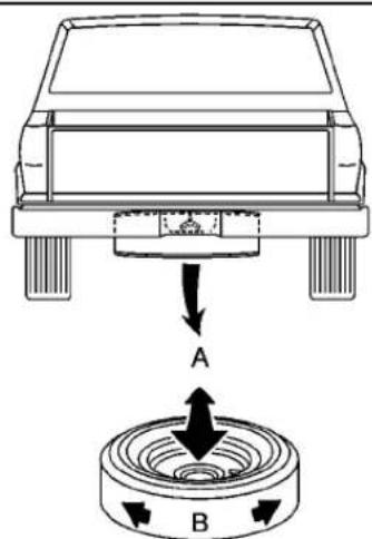 Diagram showing a vehicle front view with labeled components A and B, indicating directional flow or movement in a mechanical or electrical system.