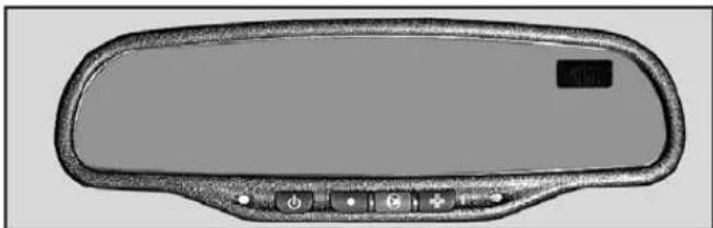 Front view of a modern car rearview mirror with control buttons and a small display (no text or symbols visible)