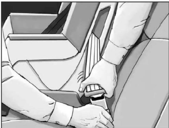 Illustration of a person's seatbelt buckle securing a car (no text or symbols visible).