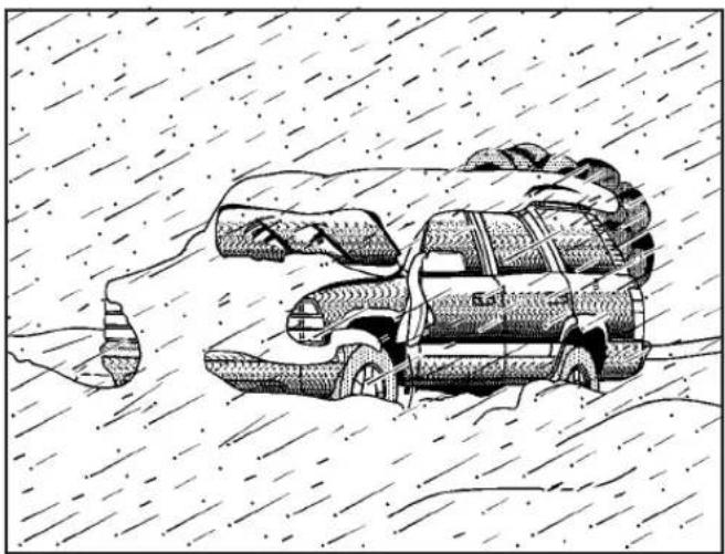 Illustration of a car partially submerged in snow under rain, with no visible text or symbols