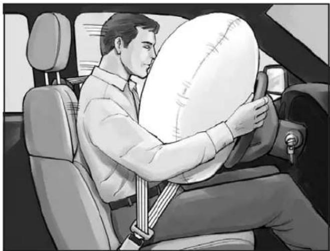 Black-and-white illustration of a man sitting in a car, holding a large white circular object with a medical sutured head (no text or symbols visible).