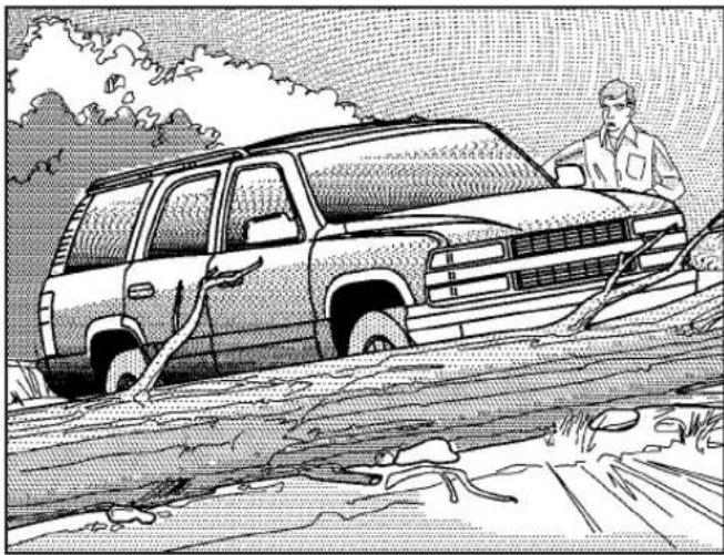 Black-and-white illustration of a person standing beside a large SUV on a roadside, with no visible text or symbols.
