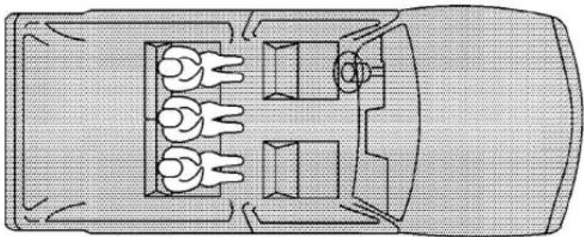 Top-down architectural sketch of a vehicle showing four seated figures inside a rectangular opening (no text or symbols)