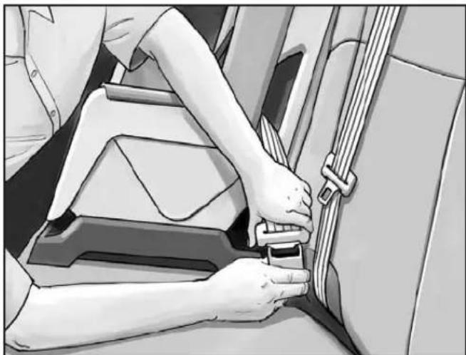 Person adjusting a car seatbelt in a vehicle (no text or symbols visible).