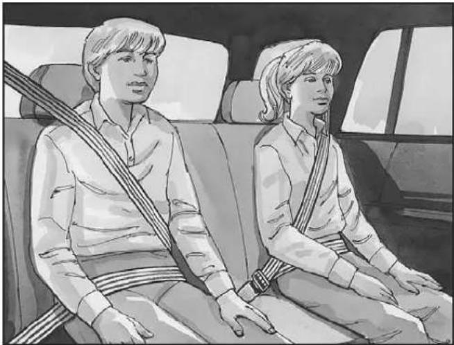 Illustration of two people sitting in a car, wearing seatbelt and carrying a belt (no text or symbols)