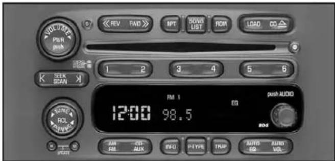 VOL/ATE PWR push K SEEK SCAN KORO RCL PWR 12:00 98.5 FM 1 EO push AUDIO AM - CG FM - AUX INFO - PHYE TRIP AUTO - Audio EQ - VD