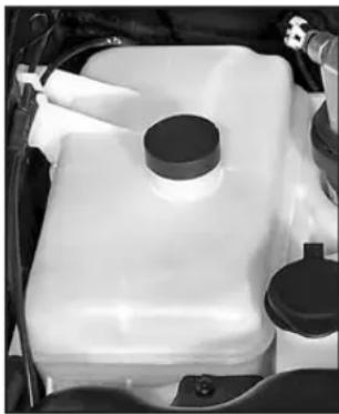 Close-up of a white plastic container with black plastic caps, mounted on a vehicle hood (no visible text or symbols)
