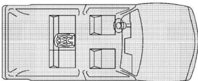 Top-down schematic of a vehicle's rear view showing front, side, and top views with no text or symbols.