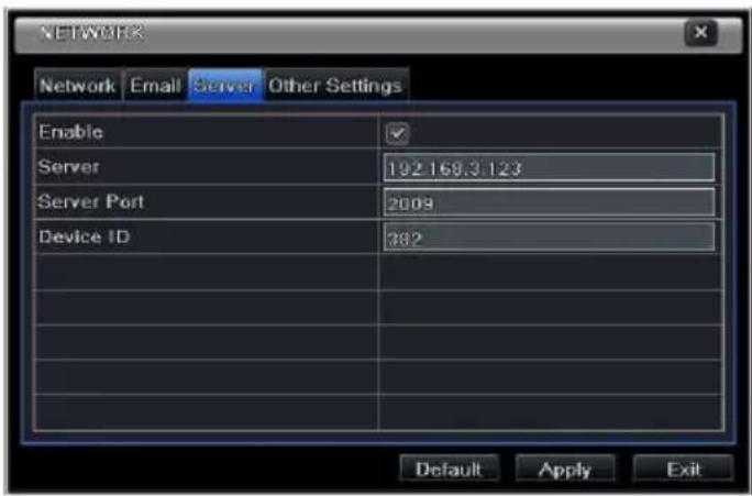 NETWORK Network Email Server Other Settings Enable ✓ Server 192.168.3.123 Server Port 2009 Device ID 382 Default Apply Exit