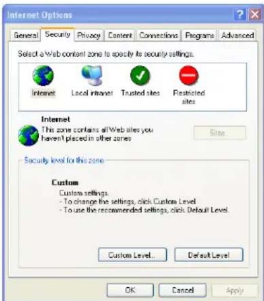 Internet Options General Security Privacy Content Connections Programs Advanced Select a Web content zone to specify its security settings. Internet Local intranet Trusted sites Restricted sites Internet This zone contains all Web sites you haven't placed in other zones Security level for this zone Custom Custom settings. - To change the settings, click Custom Level - To use the recommended settings, click Default Level. Custom Level. Default Level OK Cancel Apply