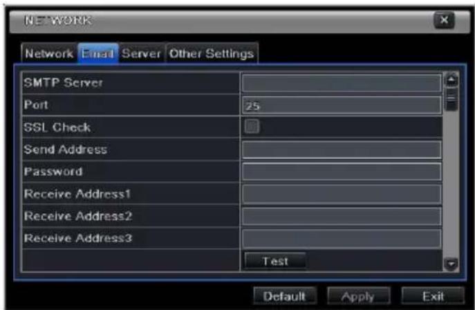NETWORK Network Email Server Other Settings SMTP Server Port 25 SSL Check Send Address Password Receive Address1 Receive Address2 Receive Address3 Test Default Apply Exit