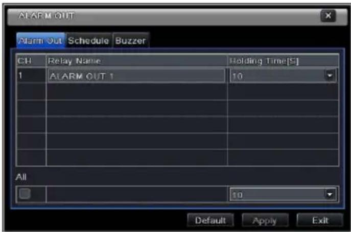 ALARM OUT Alarm Out Schedule Buzzer CH Relay Name Holding Time[S] 1 ALARM OUT 1 10 All 10 Default Apply Exit
