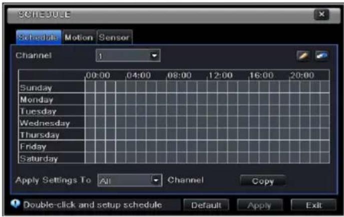 SCHEDULE Scheduler Motion Sensor Channel 1 00:00 04:00 08:00 12:00 16:00 20:00 Sunday Monday Tuesday Wednesday Thursday Friday Saturday Apply Settings To All Channel Copy Double-click and setup schedule Default Apply Exit